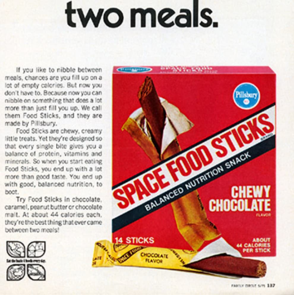 space food sticks 70s - two meals. If you to nibble between meals, chances are you fill up on a lot of empty calories. But now you don't have to. Because now you can nibble on something that does a lot more than just fill you up. We call them Food Sticks,